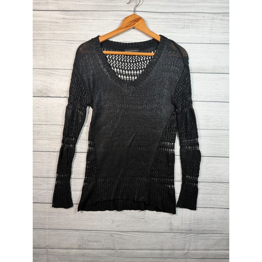 Rock & Republic Women’s Medium Black Metallic Open Knit V Neck Sweater 4310